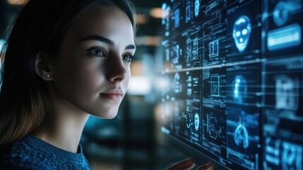 Poster - Cyber security, Data protection. Authentication by facial recognition. Biometric. Security system. Woman using computer, facial scanning to access personal data