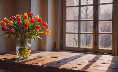 Poster - Vase of tulips sits on a wooden table in front of a window. The sunlight shines through the window, casting a warm glow on the flowers. Concept of peace and tranquility