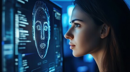 Poster - Cyber security, Data protection. Authentication by facial recognition. Biometric. Security system. Woman using computer, facial scanning to access personal data