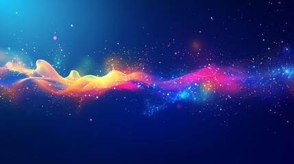 Aufkleber - Abstract dynamic scene with colorful soap bubbles bursting and floating on deep blue background, vibrant energy, high contrast, motion effect, glowing particles