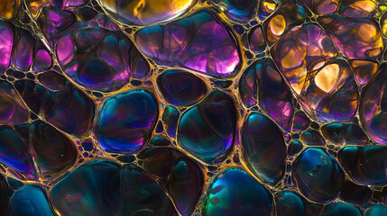 Poster - Close-up macro shot of soap bubble surface with rainbow oil-like patterns and abstract swirls, dark background, surreal texture, psychedelic mood, high detail