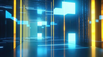 Poster - Digital corridor with floating blue cubes and vertical yellow lights in a futuristic data center. Great for technology concepts, cloud storage, and AI visualization themes