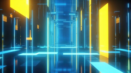 Poster - Futuristic hallway filled with glowing blue lines and tall yellow panels, creating a digital matrix environment. Perfect for AI, cloud computing, and sci-fi tech visuals