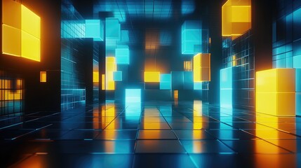 Poster - Futuristic room with floating glowing blue and yellow cubes reflecting on shiny tiles. Ideal for digital innovation, blockchain, or data visualization concepts