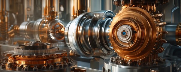 Poster - Complex futuristic industrial engine generating power in a steampunk style