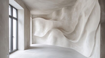 Poster - Minimalist interior featuring undulating concrete wall design