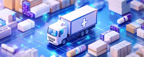 Poster - White delivery truck transporting medical drug and pill on circuit board background