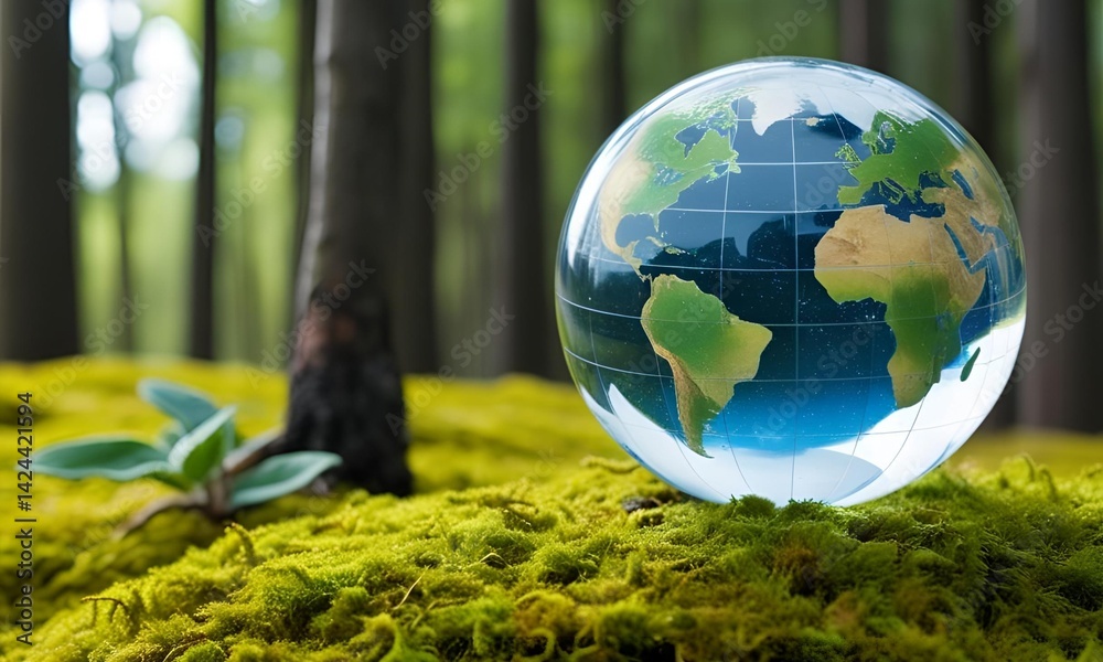 Glass Earth Globe on Moss in Forest – Symbol of Sustainability and ...