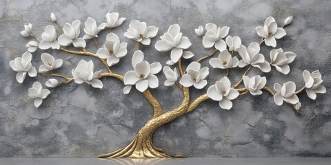 white magnolia flowers on a gray background, with gold leaf and stone texture