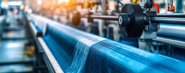 Aufkleber - Industrial weaving machine is creating blue textile in a factory