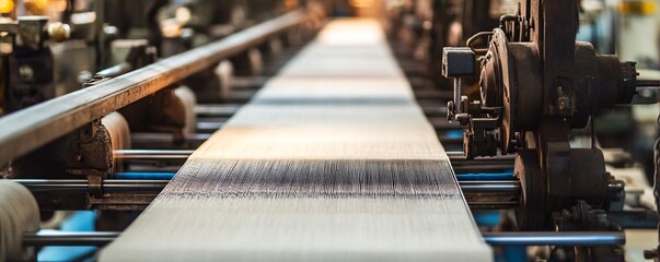 Poster - Textile manufacturing machine weaving threads in a factory