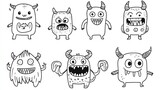 Cute monster characters, various expressions, white background, kids' book illustration