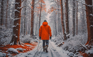 Poster - Man in an orange coat walks through a snowy forest. The man is carrying a cane and he is enjoying the winter scenery