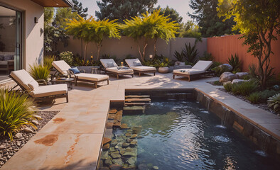 Fototapete - Pool with a stone walkway and a patio with several lounge chairs. The patio is surrounded by trees and has a stone wall