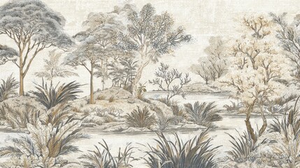 An antique wallpaper with a chinoiserie landscape and plants in cream, beige color