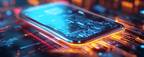Fototapete - Smartphone revealing futuristic circuit board design glowing with blue and orange lights