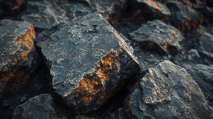Poster - Sunlight reflecting off rough surface of dark rocks