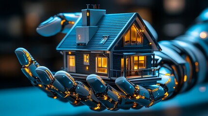 Robot hand holding small house