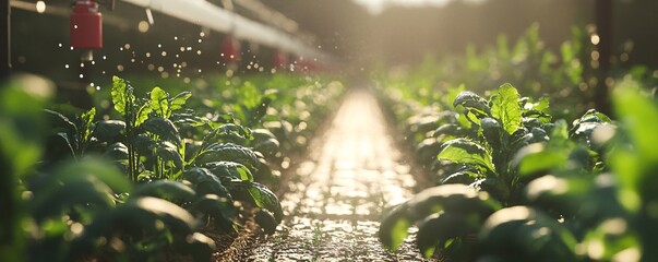 Poster - Irrigation system watering plants in a field at sunset