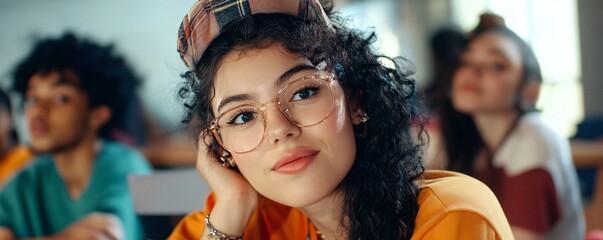 Aufkleber - Young woman listening attentively in university lecture hall