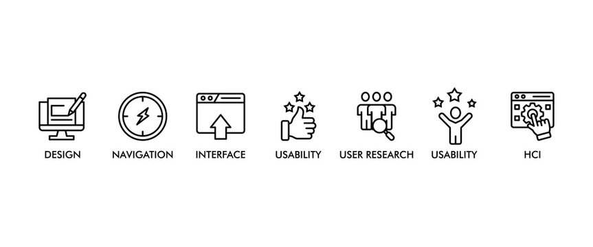 UX design web banner icon set vector illustration concept consists of accessibility, usability, design, user research, hci, structuring, navigation, interface icon live stroke and easy to edit
