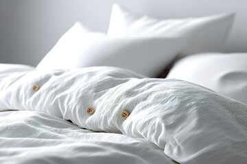 Poster - Cozy bedding arrangement showcasing soft textures and subtle buttons in a minimalist bedroom setting during the day