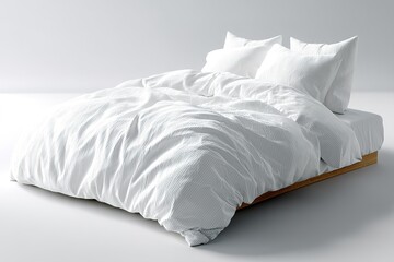 Poster - Cozy bed with white linens in a minimalist bedroom setting showcasing modern design elements and natural light