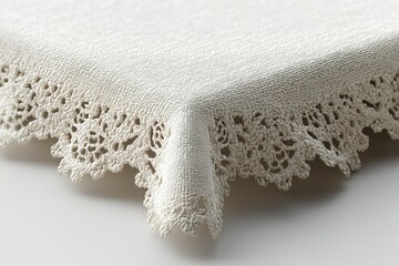 Poster - Elegant lace tablecloth displayed on a clean surface, highlighting intricate patterns and fine texture details during daytime