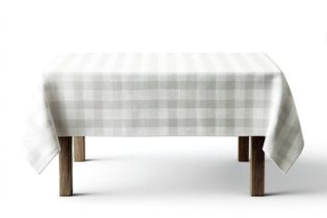 Poster - Simple white checkered tablecloth draped over a wooden dining table in a bright setting