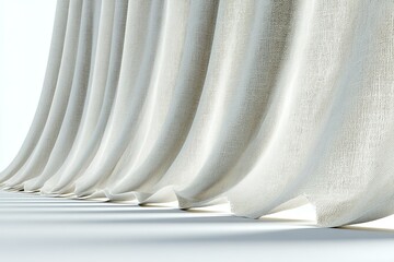 Poster - Soft white curtains gracefully draping in sunlight casting gentle shadows on a light surface