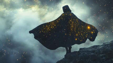 Wall Mural - a mystical figure in a star-studded cloak stands watch on a craggy precipice under a starry sky.