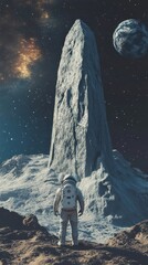 Wall Mural - an astronaut stands in awe before a colossal, alien monolith on a distant moon.