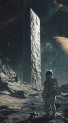 Wall Mural - an astronaut gazes at a monolithic structure on a desolate alien moon.