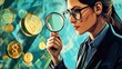 © elena - Vertical poster collage young businesswoman magnifying loop explore economy money golden coins statistics improvement drawing background