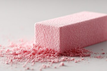 Poster - Pink eraser resting on table with scattered shavings creating a colorful contrast in a bright workspace