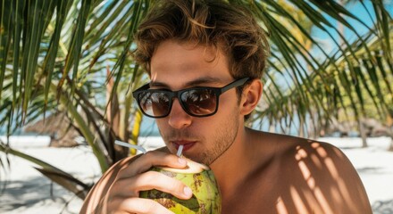 young caucasian male enjoying coconut drink on tropical beach