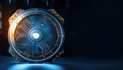 Poster - close-up of a futuristic digital security device with circuit patterns and glowing elements highligh