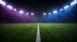 © crispy - Empty soccer stadium field at night with bright stadium lights casting shadows for sports event and competition concept