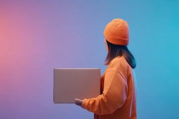 Poster - courier holding package standing against vibrant color background illuminated by studio lighting exuding sense of urgency