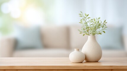 Poster - minimalistic living room interior showcasing elegant decor with ample copy space blurred people softly in background