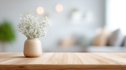 Poster - minimalistic living room interior showcasing elegant decor with ample copy space blurred people softly in background