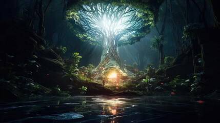 Poster - Neon-lit tree in a mystical jungle with glowing light and vibrant reflections