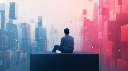 Businessman sitting and contemplating digital cityscape of data blocks