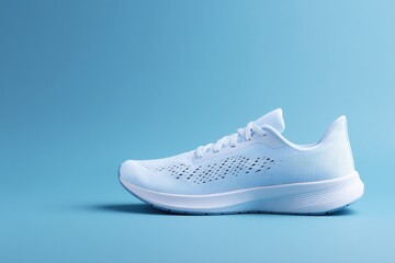 Poster - single running shoe positioned on smooth solid color background symbolizing speed and freedom in minimalist style
