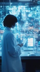 Poster - Scientist in a futuristic laboratory wearing a white coat conducts virtual experiments using AI and augmented reality, analyzing molecular structures and biochemical reactions on a holographic screen