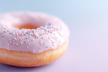 Poster - close-up of minimalistic donut with vibrant sprinkles on plain background