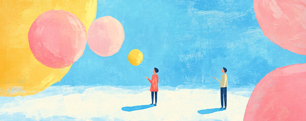 Poster - Two people discussing big ideas under a cloudy sky