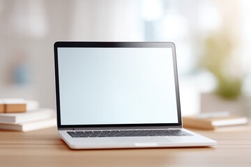 Poster - minimalistic desk setup with open laptop displaying blank screen surrounded by books and stationery on wooden surface