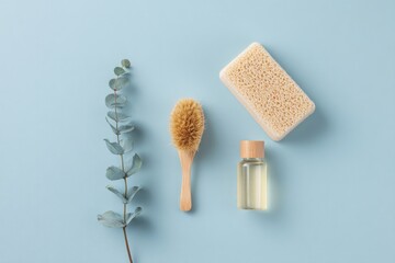 Poster - minimalistic top-down shot of natural cleaning products on clean solid color background emphasizing product with 70