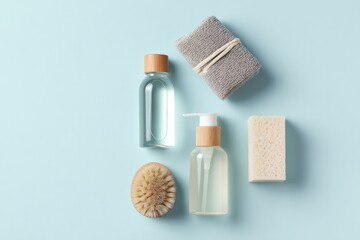 Poster - minimalistic top-down shot of natural cleaning products on clean solid color background emphasizing product with 70